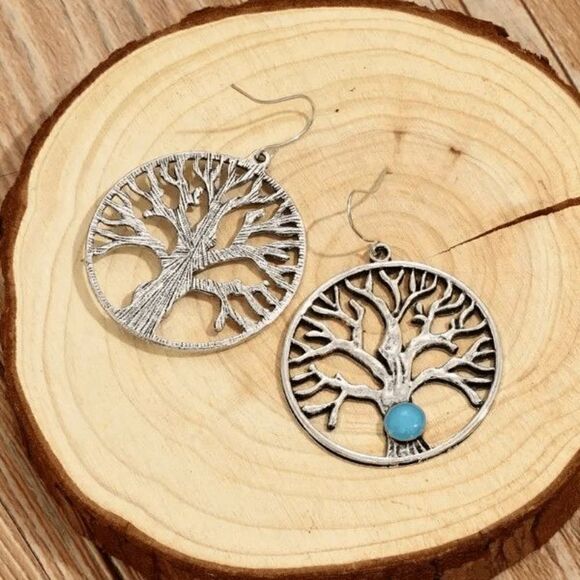Boho Silver Tree Of Life Inlaid Turquoise Dangle Earrings - Picture 3 of 5